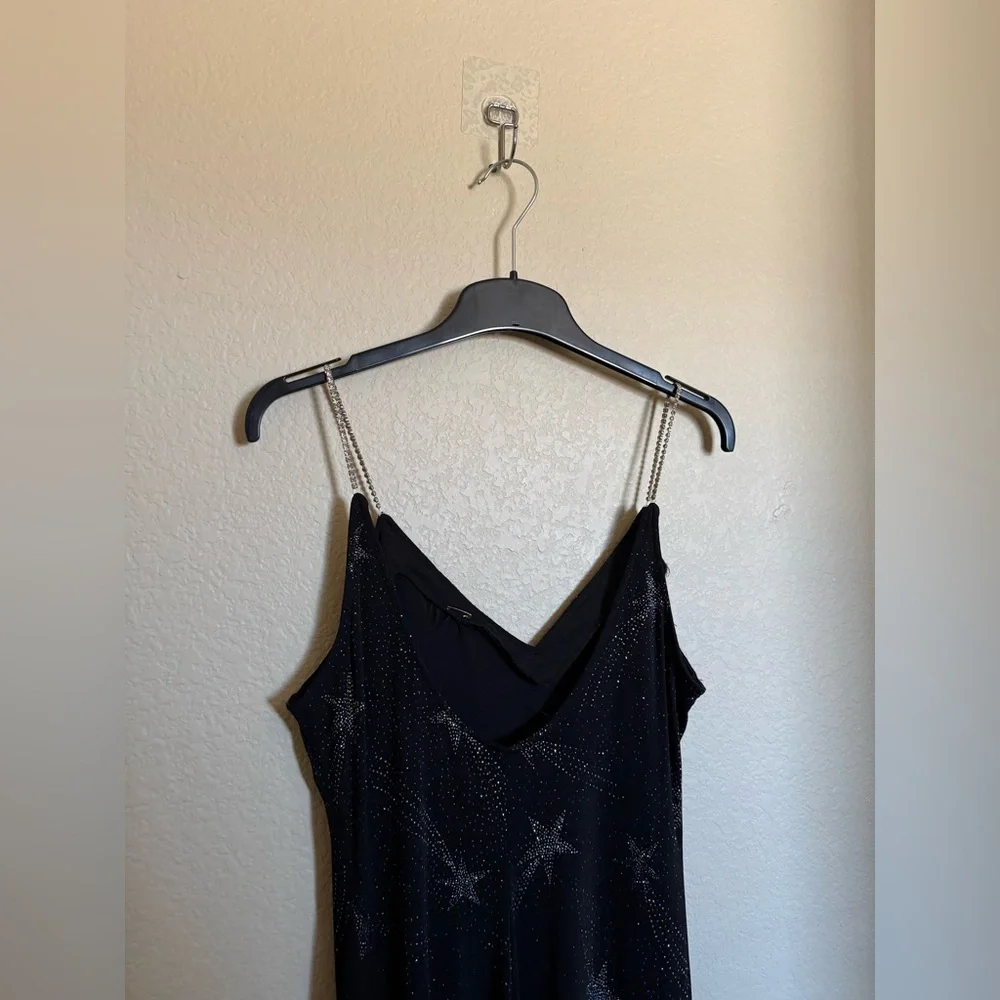Vintage 90s Y2K JUMP Star Sequins Embellished Maxi Dress Gown Sz L Black Sparkly
